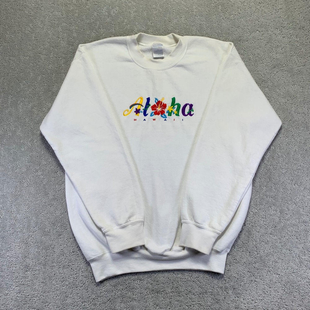 Vintage Aloha Hawaii Sweatshirt Sz Medium White Embroidered‎ Pullover Gildan 90s - Picture 1 of 14